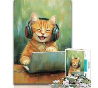 Jigsaw Cat Listening to Music 1000 Piece Jigsaw Puzzles for Teenagers,for Age 14+ Impossible Game Best Gift for Adults And Teenagers 26x38cm