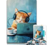 Jigsaw Cat Listening to Music Jigsaw Puzzles for Teenagers,with Fully Interlocking Randomly Shaped Pieces for And 14 Years Old 50x75cm