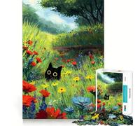 Jigsaw for Adults 1000 Pieces Black Cat in A Flower Field Exact Edge Art Brain Boosting Play Quiet Play Game Birthday Art Play (38x26cm)