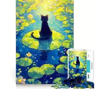 Jigsaw for Adults 1000 Pieces Black Cat on Lily Pad - Pound Lake Fine Joint Fun, Smart Mind Activity, Cozy Game Play, Christmas Calm Gift (50x75cm)