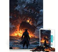 Jigsaw for Adults 1000 Pieces Burning Ship And Pirate on Shore Exact Edge Art Brain Boosting Play Quiet Play Game Birthday Art Play (50x75cm)