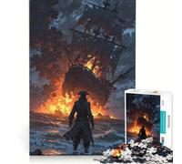 Jigsaw for Adults 1000 Pieces Burning Ship And Pirate on Shore, Toy Wall Decor, Parent-child Interaction, Unique Birthday And Gifts 38x52cm