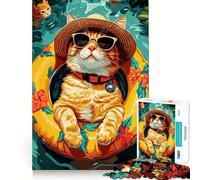 Jigsaw for Adults 1000 Pieces Cat Pool Float Hat Perfect Cut Fun Smart Challenge Fun Peaceful Play Fun Xmas Art Gift (38x26cm)