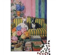 Jigsaw for Adults 1000 Pieces Cozy Dogs on Striped Couch with Flowers Puzzles for Adults Brain Teaser Game For Family Fun Fun at Home Activities, 38x26cm/1000pcs