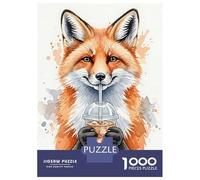 Jigsaw for Adults 1000 Pieces Fox Watercolor Drinking Iced Coffee Puzzles for Adults Brain Teaser Game For Family Fun Fun at Home Activities, 38x26cm/1000pcs