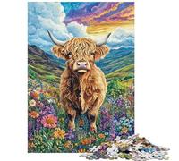 Jigsaw for Adults 1000 Pieces Highland Cow in Bloom Brain Teaser Game Wall Art Home Decoration Toys Artists' Collection, Fine Arts Size 75x50cm