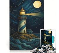 Jigsaw for Adults 1000 Pieces Lighthouse at Night with Full Moon Family Games Analysis And Logic Improving Love between Couples 50x75cm