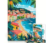 Jigsaw for Adults 1000 Pieces Mediterranean Coastal Town Palm Trees Abstract Minimalist Art Illustration Perfect Cut Fun Smart Challenge Fun Peaceful Play Fun Xmas Art Gift (38x26cm)