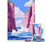 Jigsaw for Adults 1000 Pieces Peaceful Pastel Pink Cliffs Ocean Waves Landscape Minimalist Art Illustration Smooth Joint Fun Problem Solve Fun Casual Game Time Birthday Art Play (38x52cm)