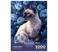 Jigsaw for Adults 1000 Pieces Siamese Cat in Blue Flowers Puzzles for Adults DIY Toys Analysis And Logic Gifts for Friends And Family 70x50cm/1000pcs