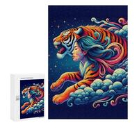 Jigsaw for Adults 300 PCS A Vibrant, Stylized Tiger with Flowing Mane And Body, Emerging from Clouds Against A Starr Jigsaw Puzzles for Adults Analysis And Logic Train Your Brain And Hands Toy Intelle