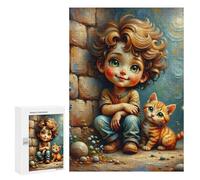 Jigsaw for Adults 300 PCS Whimsical Child with Kitten Jigsaw Puzzles for Adults Analysis And Logic Train Your Brain And Hands Toy Intellectual Game 300 PCS