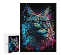 Jigsaw for Adults 500 PCS Glowing Neon Cat Glasses Art Print Jigsaw Puzzles for Adults Analysis And Logic Train Your Brain And Hands Toy Intellectual Game 500 PCS