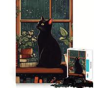 Jigsaw for Adults1000 Pieces Black Cat Gazing at Rainy Window Smooth Joint Fun Mental Focus Game Casual Game Time Birthday Fun Gift (38x26cm)