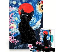 Jigsaw for Adults1000 Pieces Black Cat in Starry Night Style Flawless Cut Fun, Mind Skill Fun, Downtime Game Fun, Christmas Art Display (50x75cm)