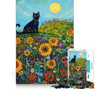 Jigsaw for Adults1000 Pieces Black Cat in Sunflower Field Flawless Cut Fun, Mind Skill Fun, Downtime Game Fun, Christmas Art Display (50x75cm)