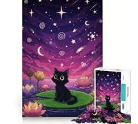 Jigsaw for Adults1000 Pieces Black Cat on Lily Pad at Night Flawless Cut Fun, Mind Skill Fun, Downtime Game Fun, Christmas Art Display (50x75cm)