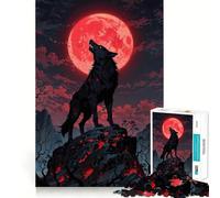 Jigsaw for Adults1000 Pieces Black Wolf Howling at Red Moon Flawless Cut Fun, Mind Skill Fun, Downtime Game Fun, Christmas Art Display (38x52cm)