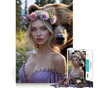 Jigsaw for Adults1000 Pieces Blonde Woman with Bear And Flower Crown Flawless Cut Fun, Mind Skill Fun, Downtime Game Fun, Christmas Art Display (38x52cm)