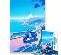 Jigsaw for Adults1000 Pieces Blue Scooter by The Sea Flawless Cut Fun, Mind Skill Fun, Downtime Game Fun, Christmas Art Display (50x75cm)