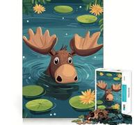 Jigsaw for Adults1000 Pieces Cartoon Moose Swimming in A Pond Smooth Joint Fun Mental Focus Game Casual Game Time Birthday Fun Gift (50x75cm)