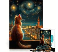 Jigsaw for Adults1000 Pieces Cat Gazing at Florence Under Starry Sky Precise Cut Art Cognitive Game Toy Relax Play Time Christmas Wall Art (38x52cm)