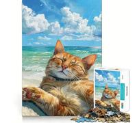 Jigsaw for Adults1000 Pieces Cat Relaxing on Beach Summer Fine Edge Craft Focus Fun Game Relax Game Play Birthday Fun Gift (50x75cm)