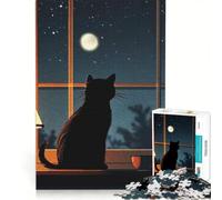 Jigsaw for Adults1000 Pieces Cat Silhouette by Window at Night, Brain Teaser Game, Fun at Home Activities, Wishlist with Santa Claus 50x75cm