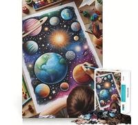 Jigsaw for Adults1000 Pieces Child Drawing Planets in Space Premium Cut Play Mental Skill Game Idle Fun Time Christmas Wall Art (38x52cm)