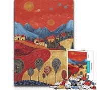 Jigsaw for Adults1000 Pieces Village Under Red Sky Tough Challenge Family Game for And from 14 Years And over (size 38x52cm)