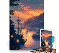 Jigsaw for Teenagers 1000 Pieces Beautiful Sunset at Harbor Town Premium Cut Fun Logic Skill Play Easy Time Play Christmas Art Display (50x75cm)