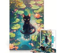 Jigsaw for Teenagers 1000 Pieces Black Cat in A Lily Pond Cute Cat Flawless Edge Fun Mind Game Gift Cozy Fun Time Christmas Wall Art (38x52cm)