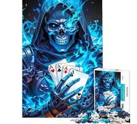 Jigsaw for Teenagers 1000 Pieces Blue Flame Skull with Aces Puzzles for Adults Brain Teaser Game Precision Cutting Fun Activities at Home (Size 38x26cm)