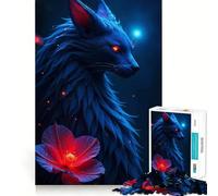 Jigsaw for Teenagers 1000 Pieces Blue Wolf with Red Flower Seamless Fit Art, Creative Skill Toy, Rest Time Play, Xmas Decor Gift (38x26cm)