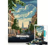 Jigsaw for Teenagers 1000 Pieces Brussels, Belgium Cityscape Illustration Flawless Edge Fun Mind Game Gift Cozy Fun Time Christmas Wall Art (38x52cm)