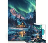 Jigsaw for Teenagers 1000 Pieces Cabin by Northern Lights Mountains Flawless Edge Fun Mind Game Gift Cozy Fun Time Christmas Wall Art (38x52cm)