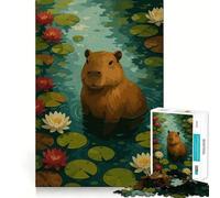 Jigsaw for Teenagers 1000 Pieces Capybara in A Lily Pond Flawless Edge Fun Mind Game Gift Cozy Fun Time Christmas Wall Art (50x75cm)
