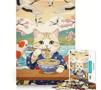 Jigsaw for Teenagers 1000 Pieces Cat Eating Ramen Japanese Scenery Flawless Edge Fun Mind Game Gift Cozy Fun Time Christmas Wall Art (38x26cm)
