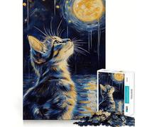 Jigsaw for Teenagers 1000 Pieces Cat Gazing at The Moon Tight Cut Fun Problem Solve Fun Relax Fun Time Christmas Art Display (38x52cm)