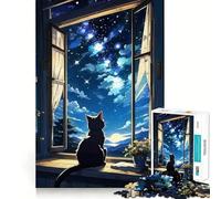 Jigsaw for Teenagers 1000 Pieces Cat Gazing at The Night Sky Tight Cut Fun Problem Solve Fun Relax Fun Time Christmas Art Display (38x52cm)