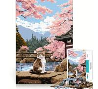 Jigsaw for Teenagers 1000 Pieces Cat Japan Sakura Pixel Art Tight Cut Fun Problem Solve Fun Relax Fun Time Christmas Art Display (38x52cm)