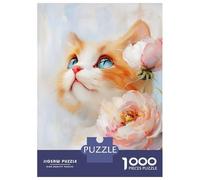 Jigsaw for Teenagers 1000 Pieces Cute Orange Tabby Cat with Peonies Adult Jigsaw Puzzle Relaxing Games Improve Memory Challenging Game Gifts 38x26cm/1000pcs