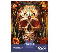 Jigsaw for Teenagers 1000 Pieces Flower Skull Stained Glass Adult Jigsaw Puzzle Relaxing Games Difficult Challenge Christmas Birthday Gifts 38x26cm/1000pcs