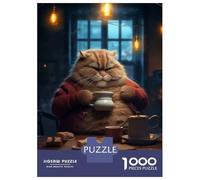 Jigsaw for Teenagers 1000 Pieces Funny Fat Cat Coffee Drink Adult Jigsaw Puzzle Relaxing Games Difficult Challenge Christmas Birthday Gifts 52x38cm/1000pcs