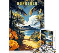 Jigsaw for Teenagers 1000 Pieces Honolulu Hawaii Travel Poster Enjoy Group Family Leisure Time Ideal Christmas Festive Present (50x75cm)