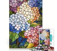 Jigsaw for Teenagers 1000 Pieces Stained Glass Hydrangeas Flawless Edge Fun Mind Game Gift Cozy Fun Time Christmas Wall Art (50x75cm)