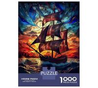 Jigsaw for Teenagers 1000 Pieces Stained Glass Pirate Ship Adult Jigsaw Puzzle Relaxing Games Difficult Challenge Christmas Birthday Gifts 52x38cm/1000pcs