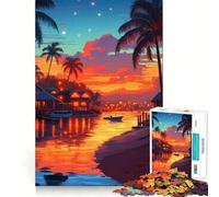 Jigsaw for Teenagers 1000 Pieces Tropical Sunset Village Tight Cut Fun Problem Solve Fun Relax Fun Time Christmas Art Display (50x75cm)