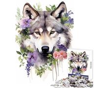 Jigsaw for Teenagers 1000 Pieces Wolf Floral Watercolor Jigsaw for Teenagers Pattern Assembly Every Piece Is Unique - Unique Birthday And Gifts (50x75cm)