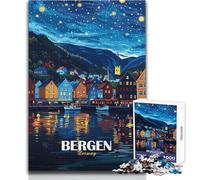 Jigsaw for Teenagers1000 Pieces Bergen Norway Nightscape Illustration Birthday Present Gift Birthday for And 14 Years And over (size 50x75cm)